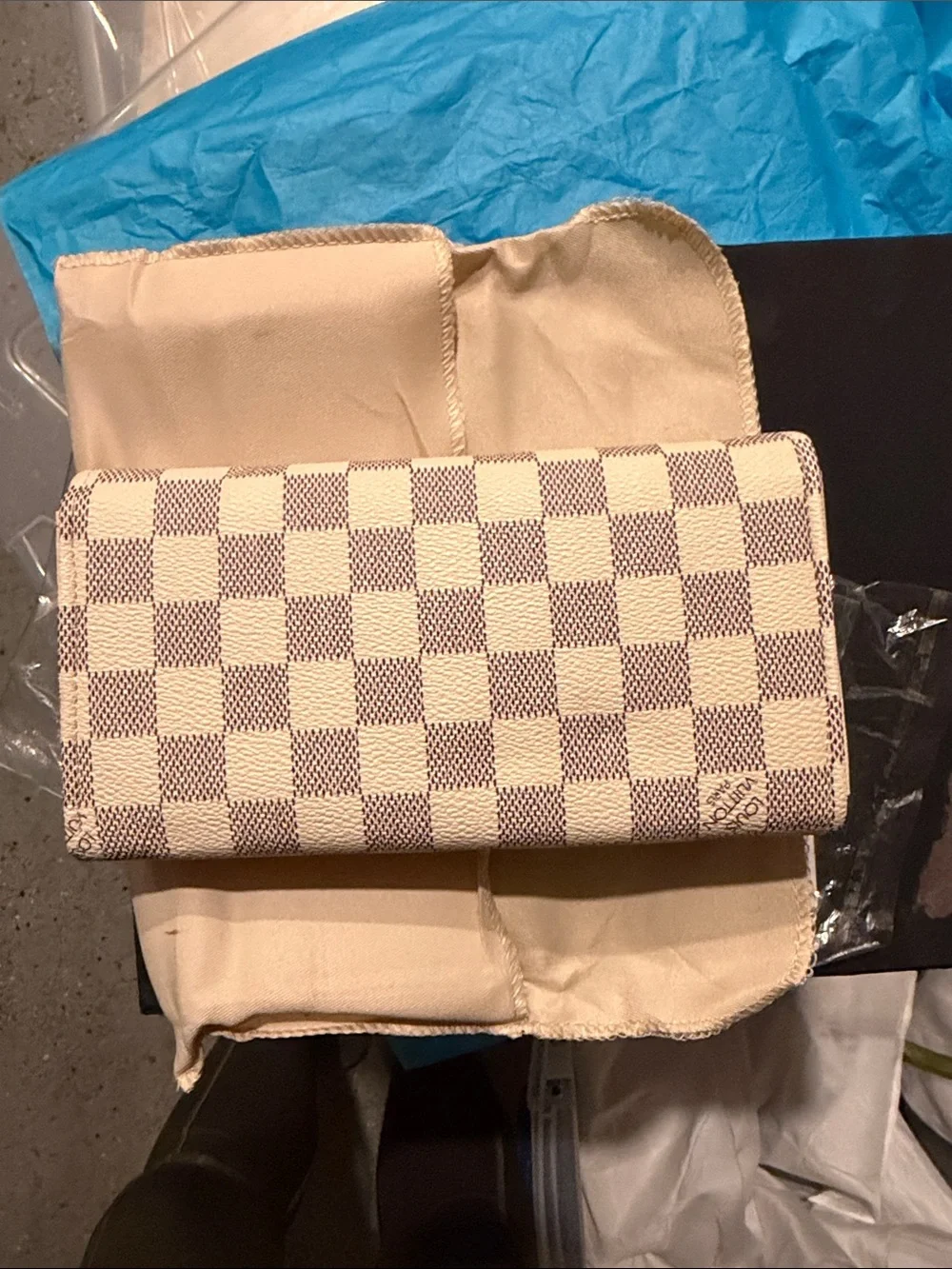 Check Canvas Fold Wallet in Beige with Light Blue Accent